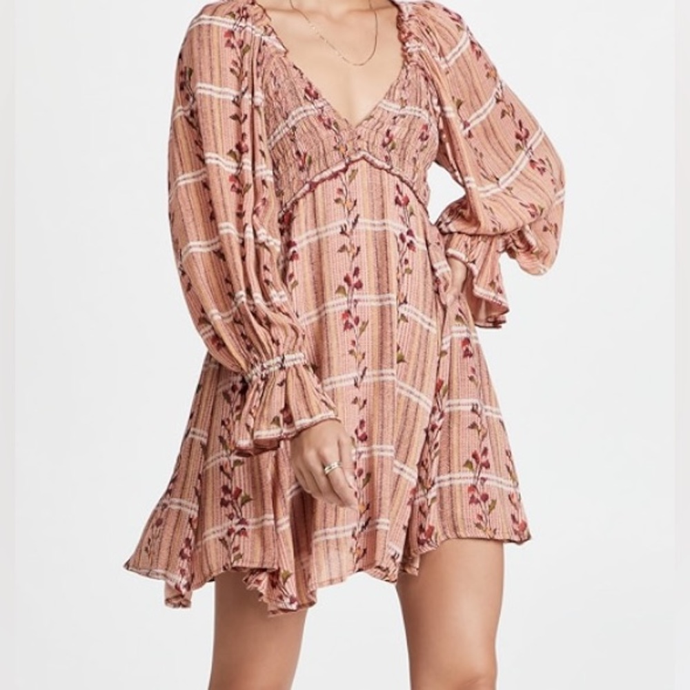 Free People Blush Pink Floral Plaid Mini Dress